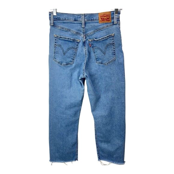 Levi Ribcage Straight Ankle Jeans Sz 29 Raw Hem High Rise Distressed - Picture 3 of 9